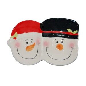 CERAMIC / PORCELAIN HOLIDAY COOKING CHRISTMAS SNOWMAN DOUBLE SPOON REST DISH